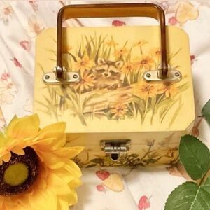 Vintage 70s Lucite Box Yellow Raccoon Floral Print Design VTG 1970s Retro Kawaii
